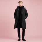 Men's Below-the-Knee Waterproof Hooded Coat with Zip and Buttons