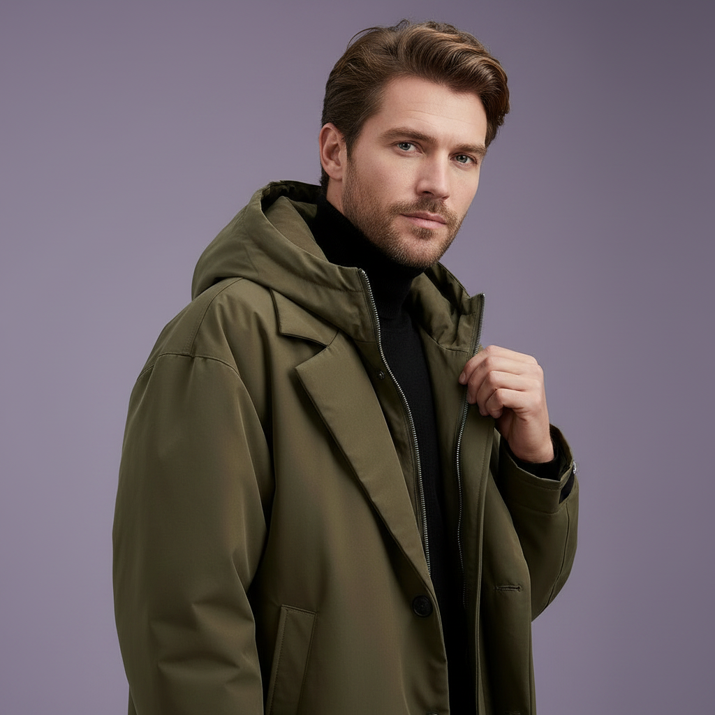 Men's Below-the-Knee Waterproof Hooded Coat with Zip and Buttons