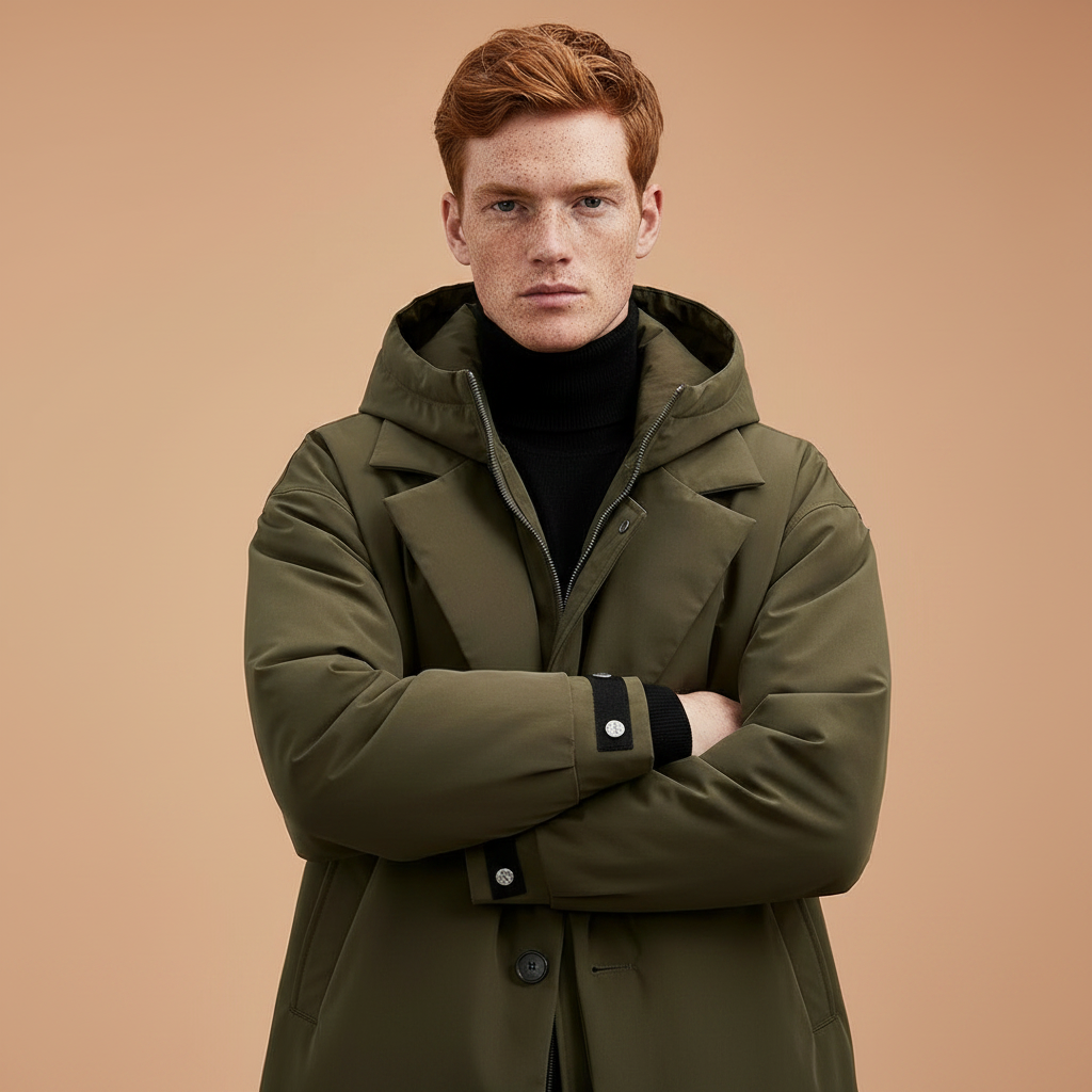 Men's Below-the-Knee Waterproof Hooded Coat with Zip and Buttons