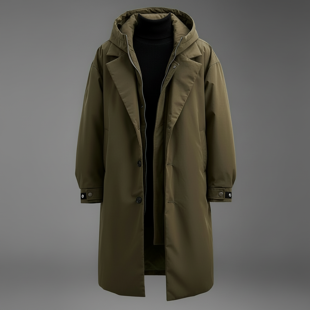 Men's Below-the-Knee Waterproof Hooded Coat with Zip and Buttons – Army Green