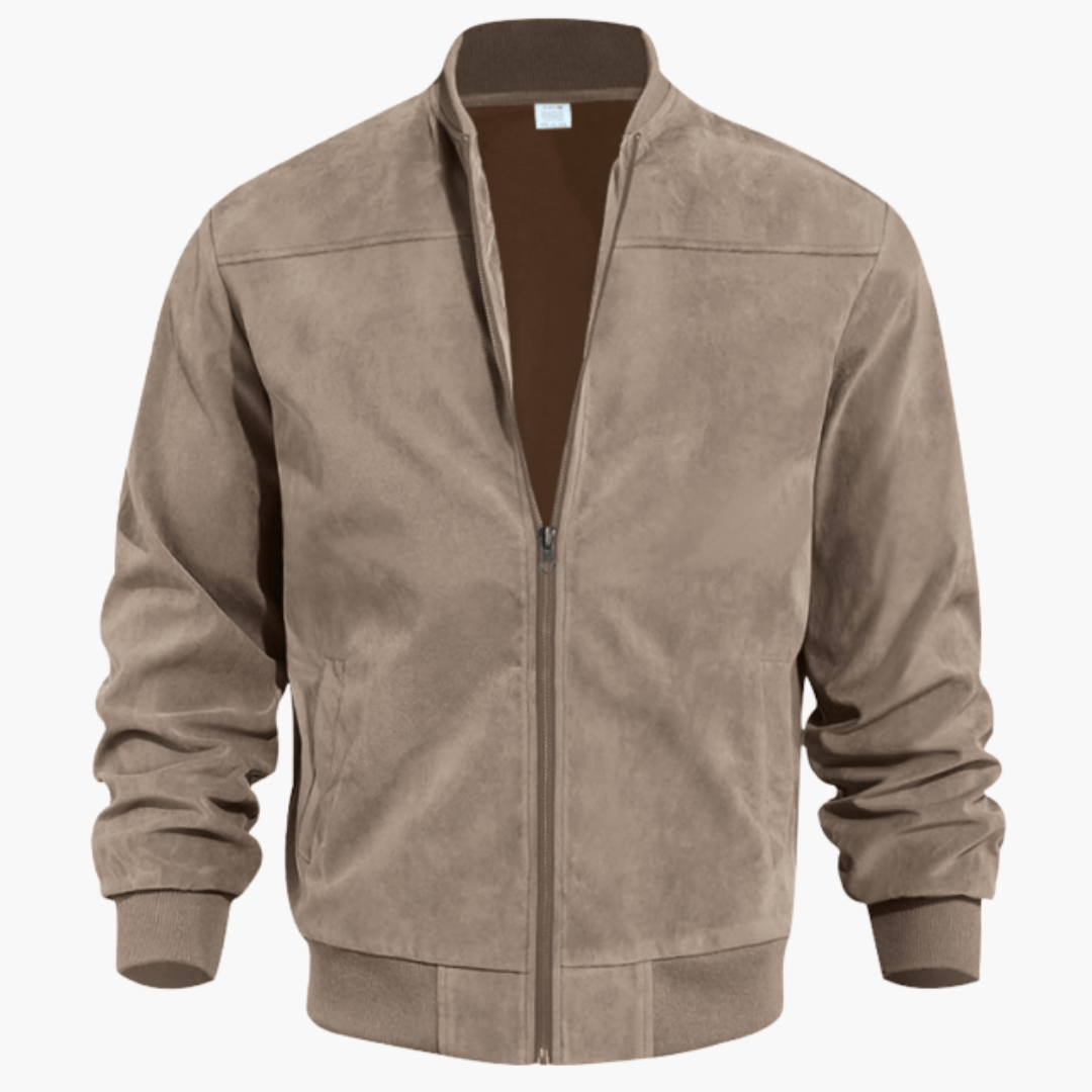 Men's Stand-Collar Suede Bomber Jacket with Ribbed Edges – Light Brown