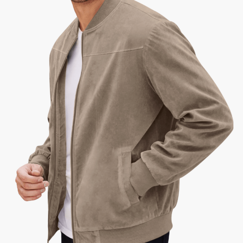 Men's Stand-Collar Suede Bomber Jacket with Ribbed Edges