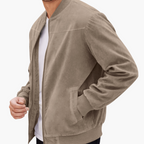 Men's Stand-Collar Suede Bomber Jacket with Ribbed Edges