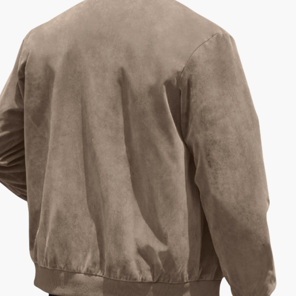 Men's Stand-Collar Suede Bomber Jacket with Ribbed Edges