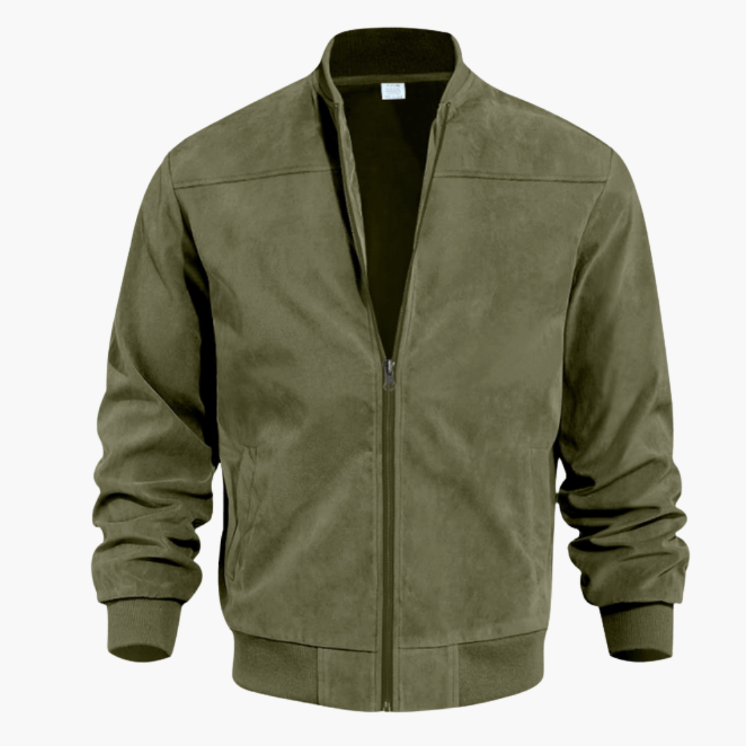 Men's Stand-Collar Suede Bomber Jacket with Ribbed Edges – Olive Green