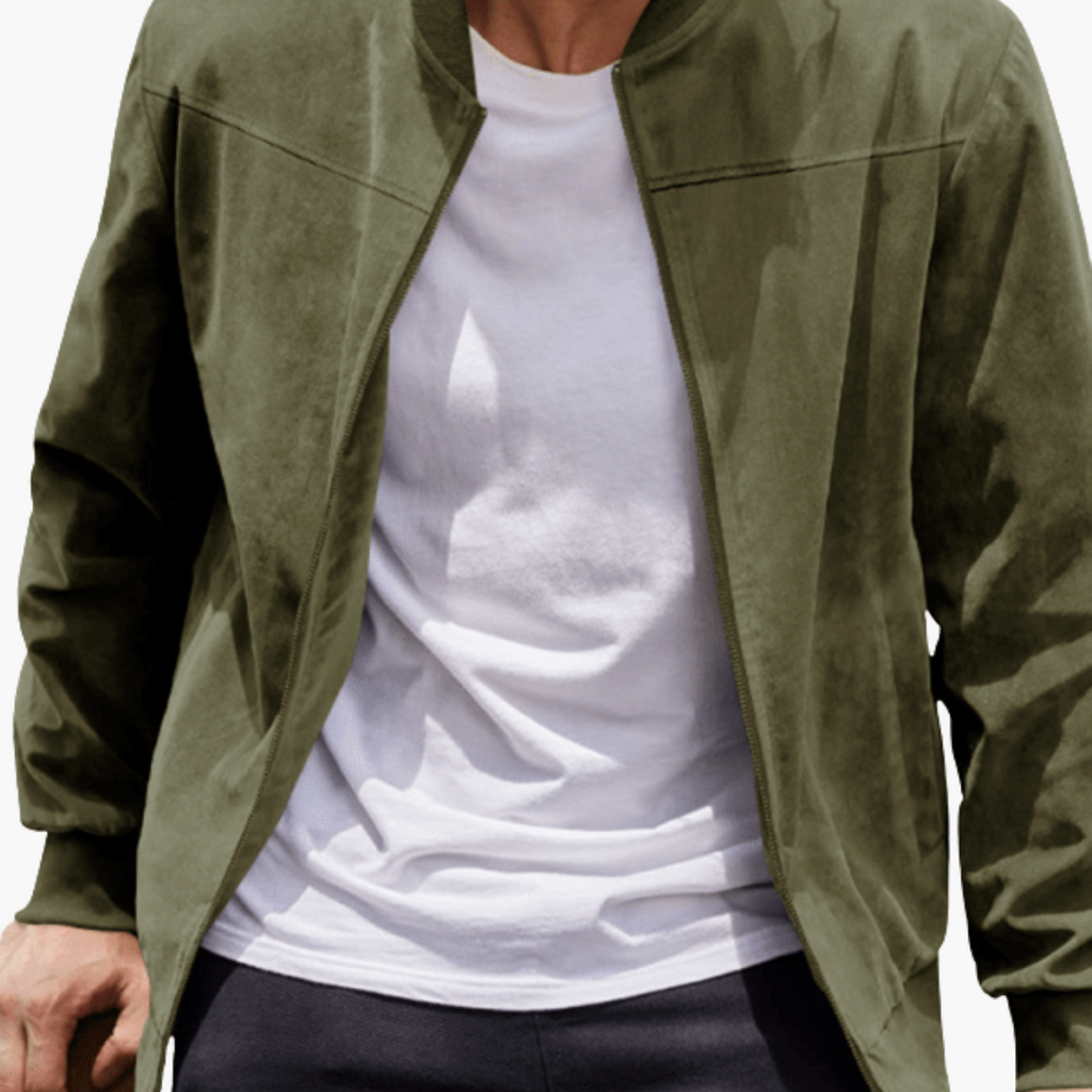 Men's Stand-Collar Suede Bomber Jacket with Ribbed Edges
