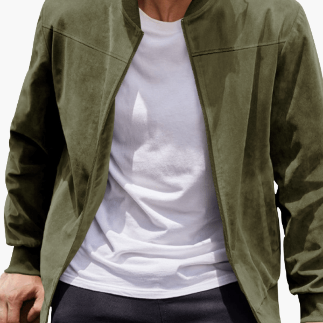 Men's Stand-Collar Suede Bomber Jacket with Ribbed Edges
