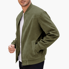 Men's Stand-Collar Suede Bomber Jacket with Ribbed Edges