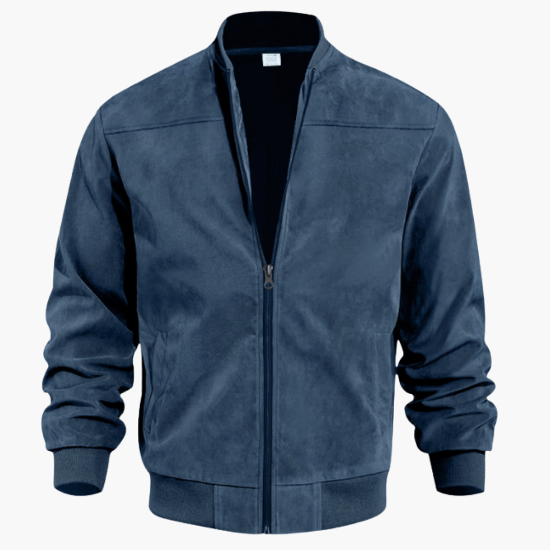 Men's Stand-Collar Suede Bomber Jacket with Ribbed Edges – Blue