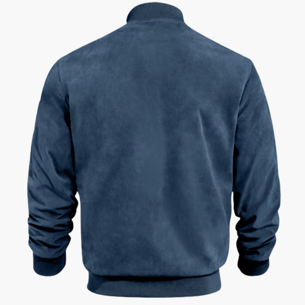 Men's Stand-Collar Suede Bomber Jacket with Ribbed Edges