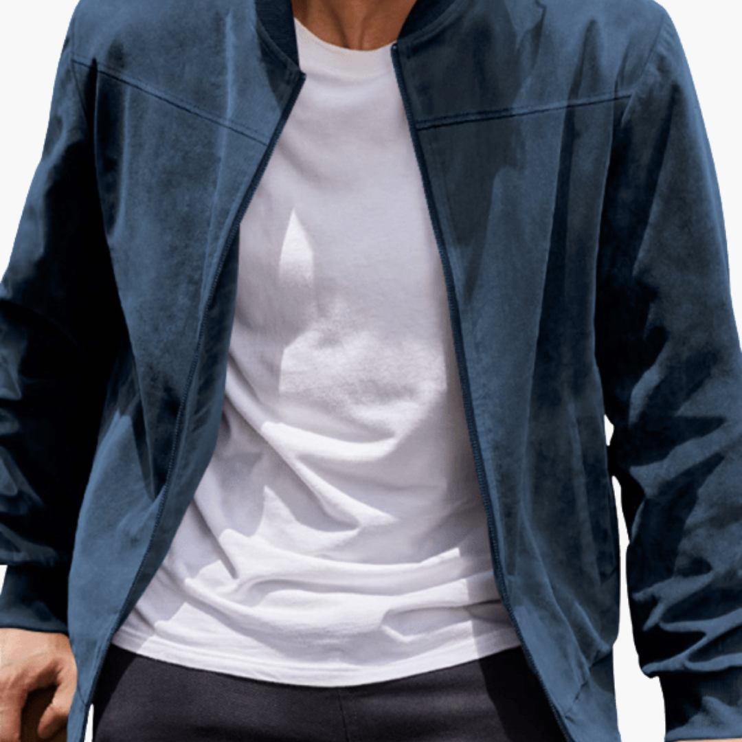 Men's Stand-Collar Suede Bomber Jacket with Ribbed Edges