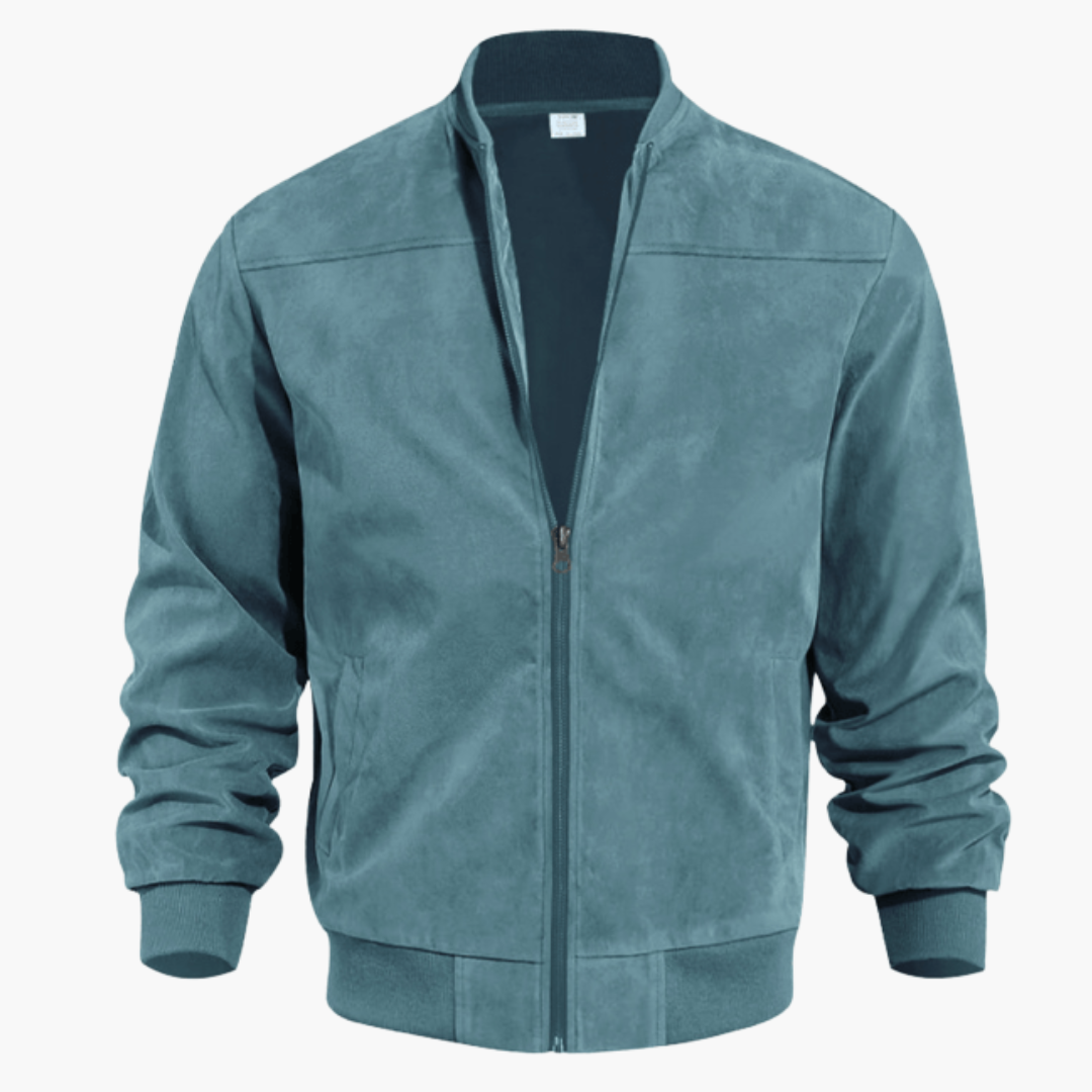 Men's Stand-Collar Suede Bomber Jacket with Ribbed Edges – Blue Green
