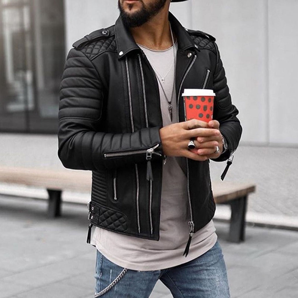 Men's Asymmetric-Zip Leather Biker Jacket with Quilted Panels – Black