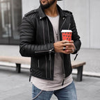 Men's Asymmetric-Zip Leather Biker Jacket with Quilted Panels – Black