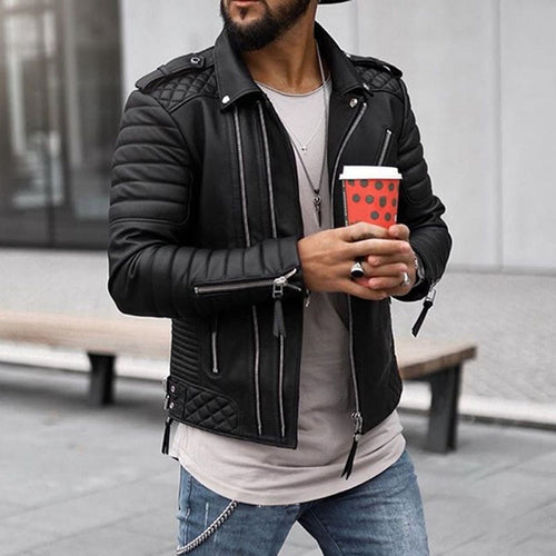Men's Asymmetric-Zip Leather Biker Jacket with Quilted Panels – Black