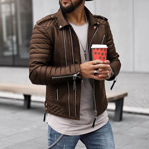 Men's Asymmetric-Zip Leather Biker Jacket with Quilted Panels – Brown