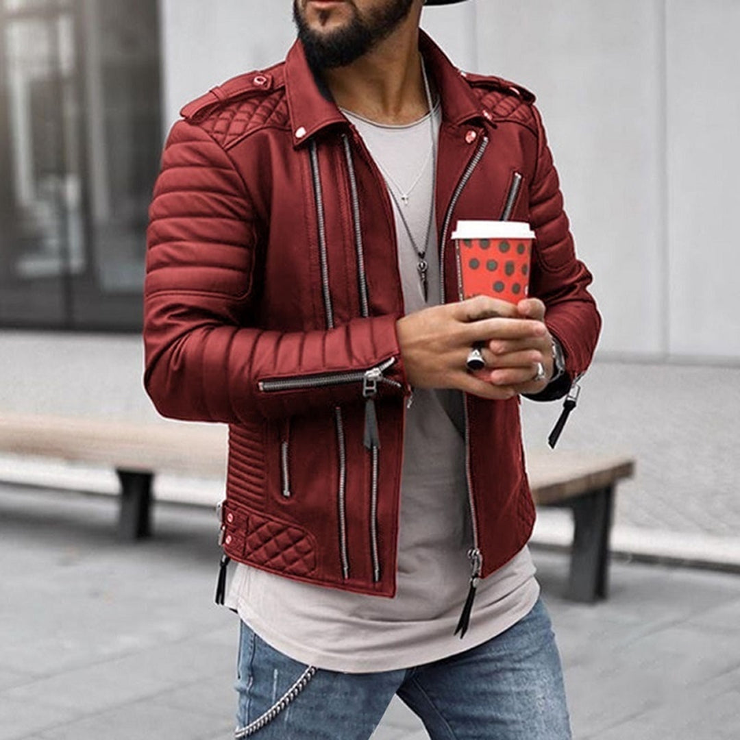 Men's Asymmetric-Zip Leather Biker Jacket with Quilted Panels – Red