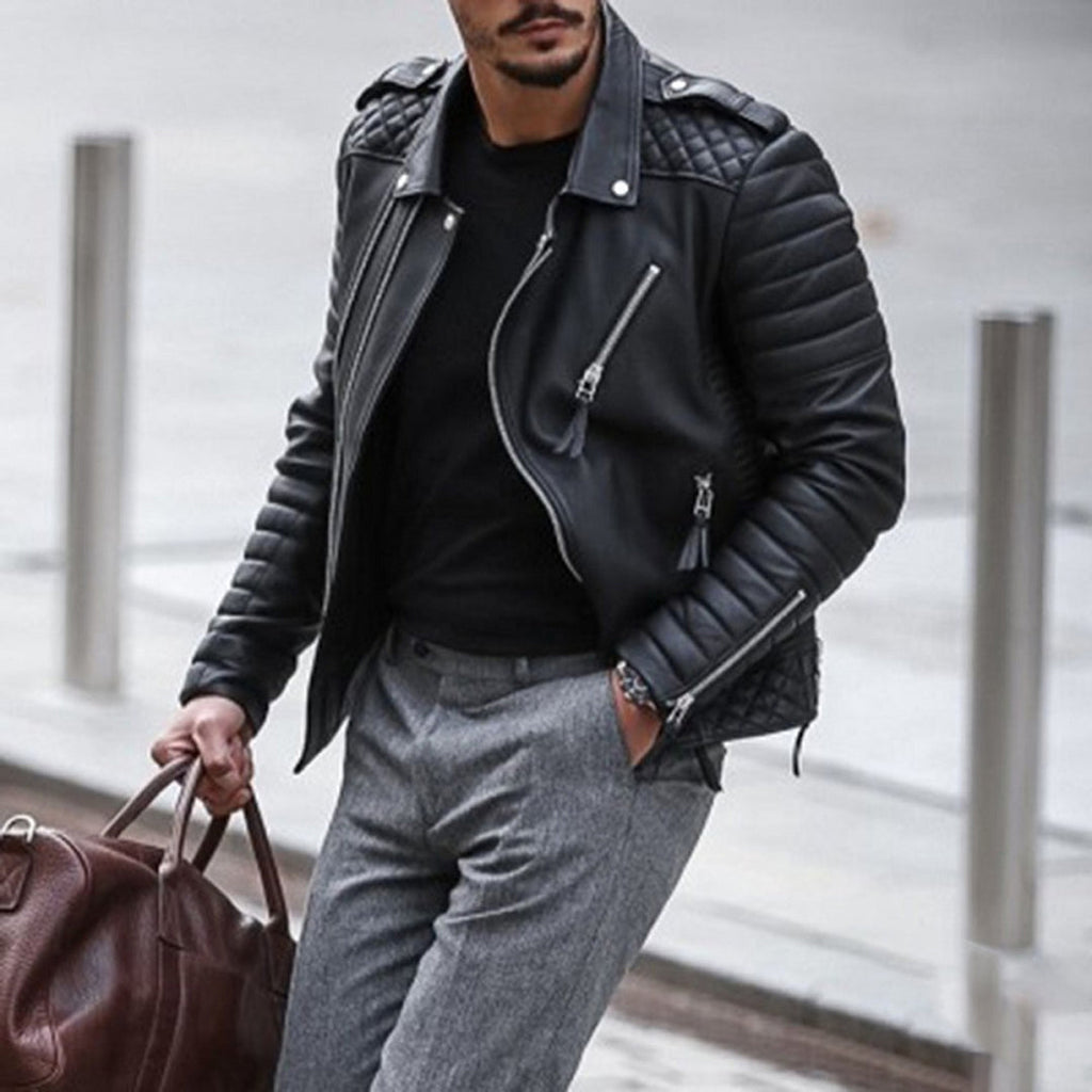 Men's Asymmetric-Zip Leather Biker Jacket with Quilted Panels