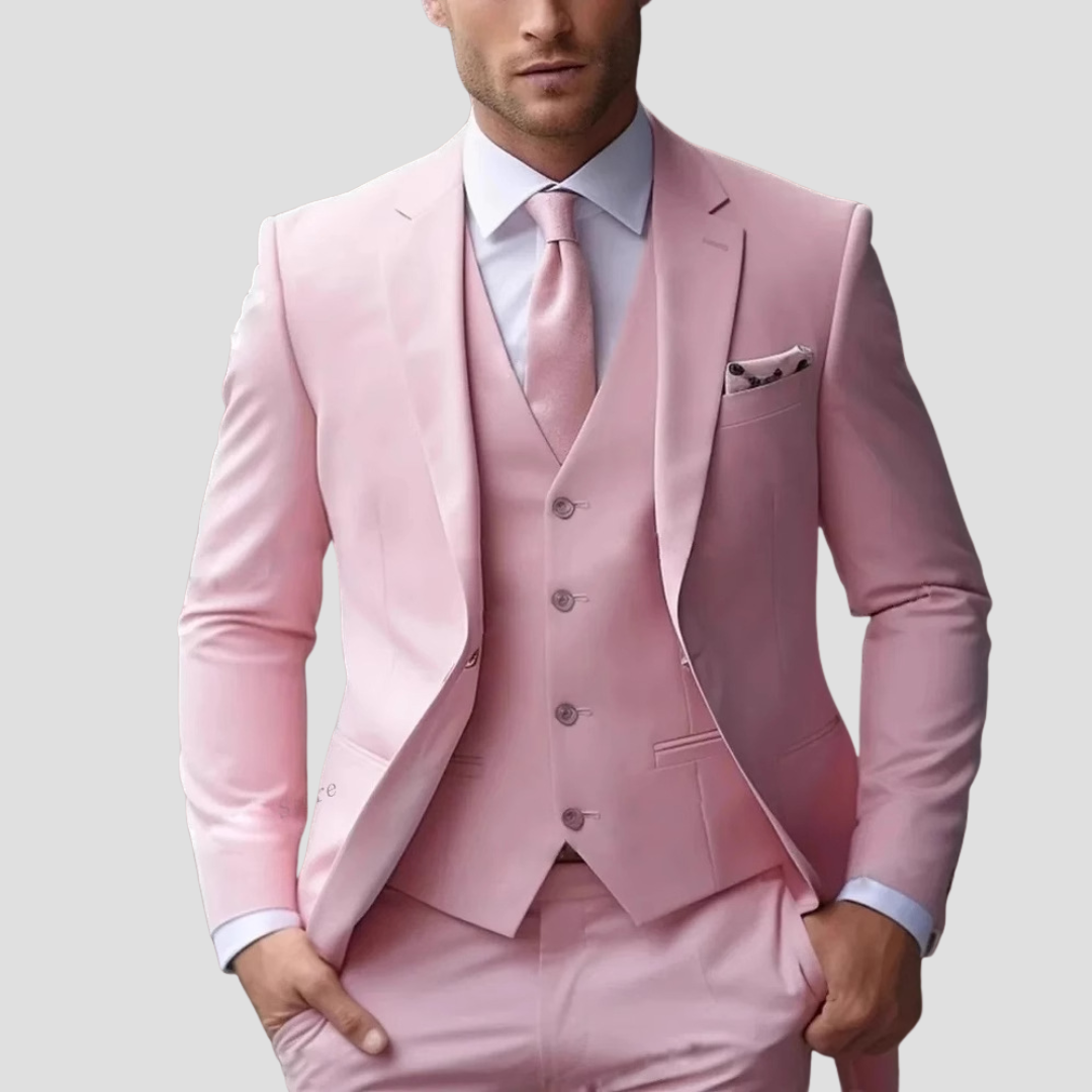 Men's Slim Fit Three-Piece Suit with Tailored Formal Cut – Pink