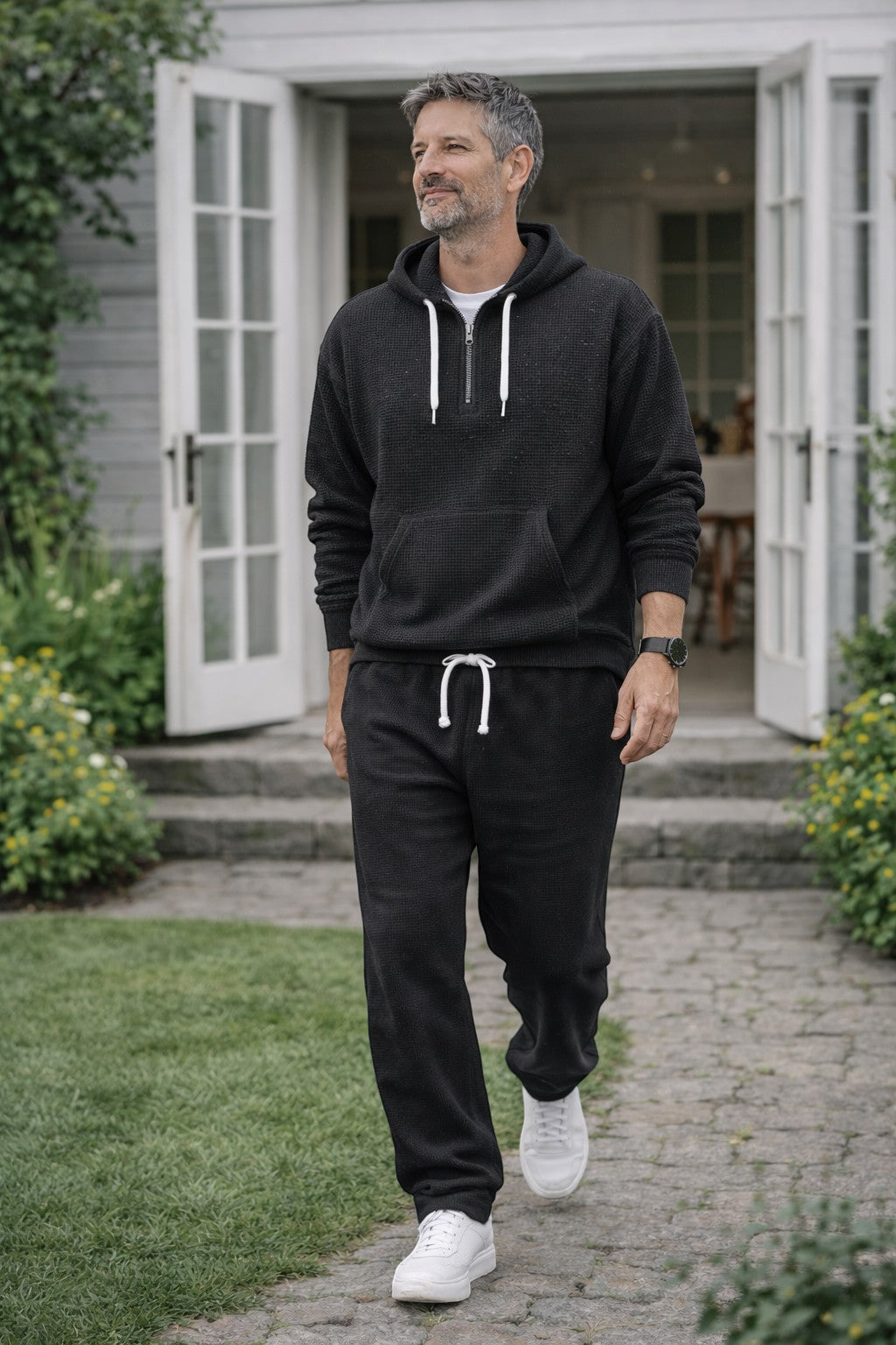 Men's Half-Zip Waffle Knit Hoodie and Joggers Set