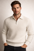 Men's Ribbed Knit Pullover with Short Zip Collar – White