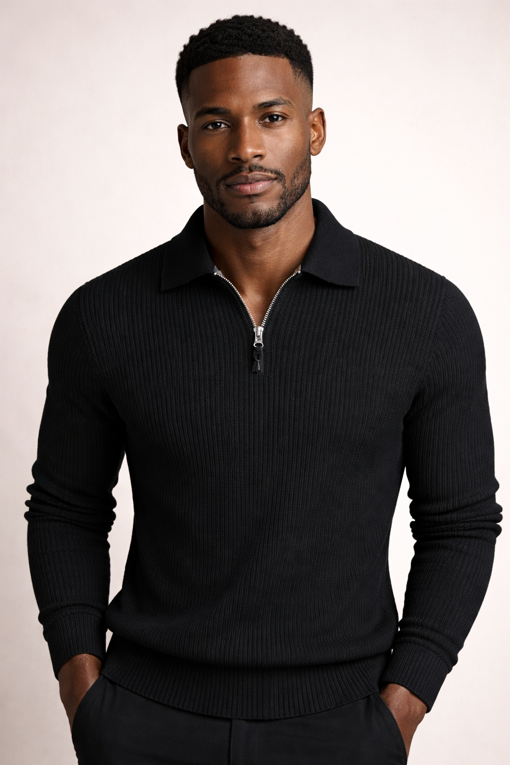 Men's Ribbed Knit Pullover with Short Zip Collar – Black