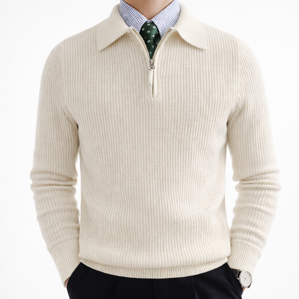 Men's Ribbed Knit Pullover with Short Zip Collar