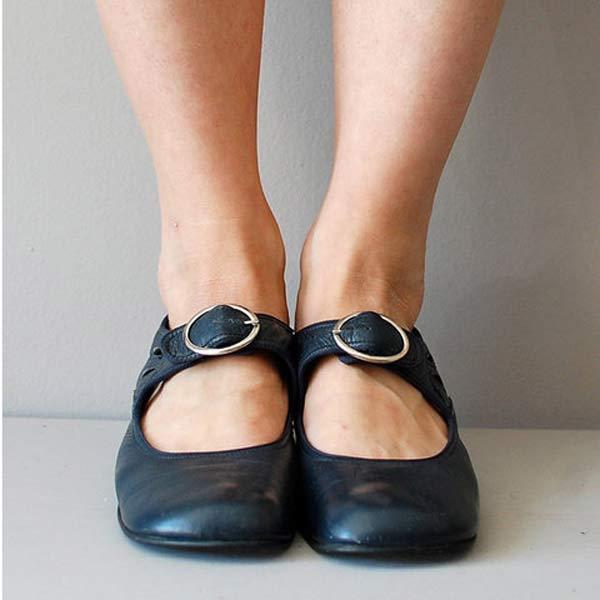Women's Smooth Leather Single Strap Round Toe Flats