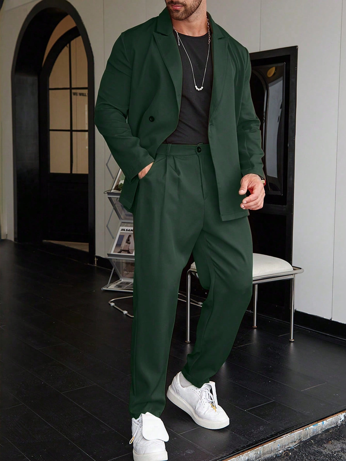 Men's Slim Two-Piece Suit with Straight-Leg Trousers – Dark Green