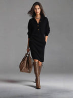 Women's Button Stand Collar Knit Dress with Pockets