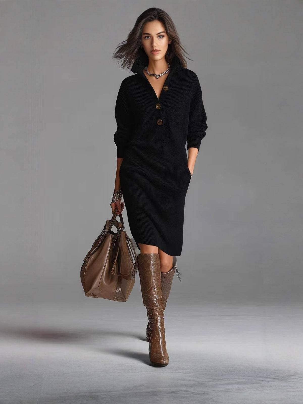 Women's Button Stand Collar Knit Dress with Pockets