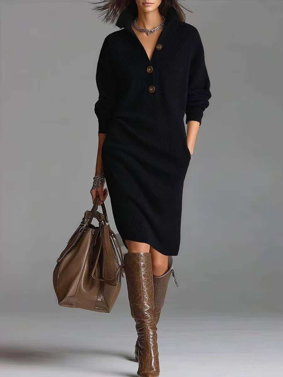 Women's Button Stand Collar Knit Dress with Pockets - Black