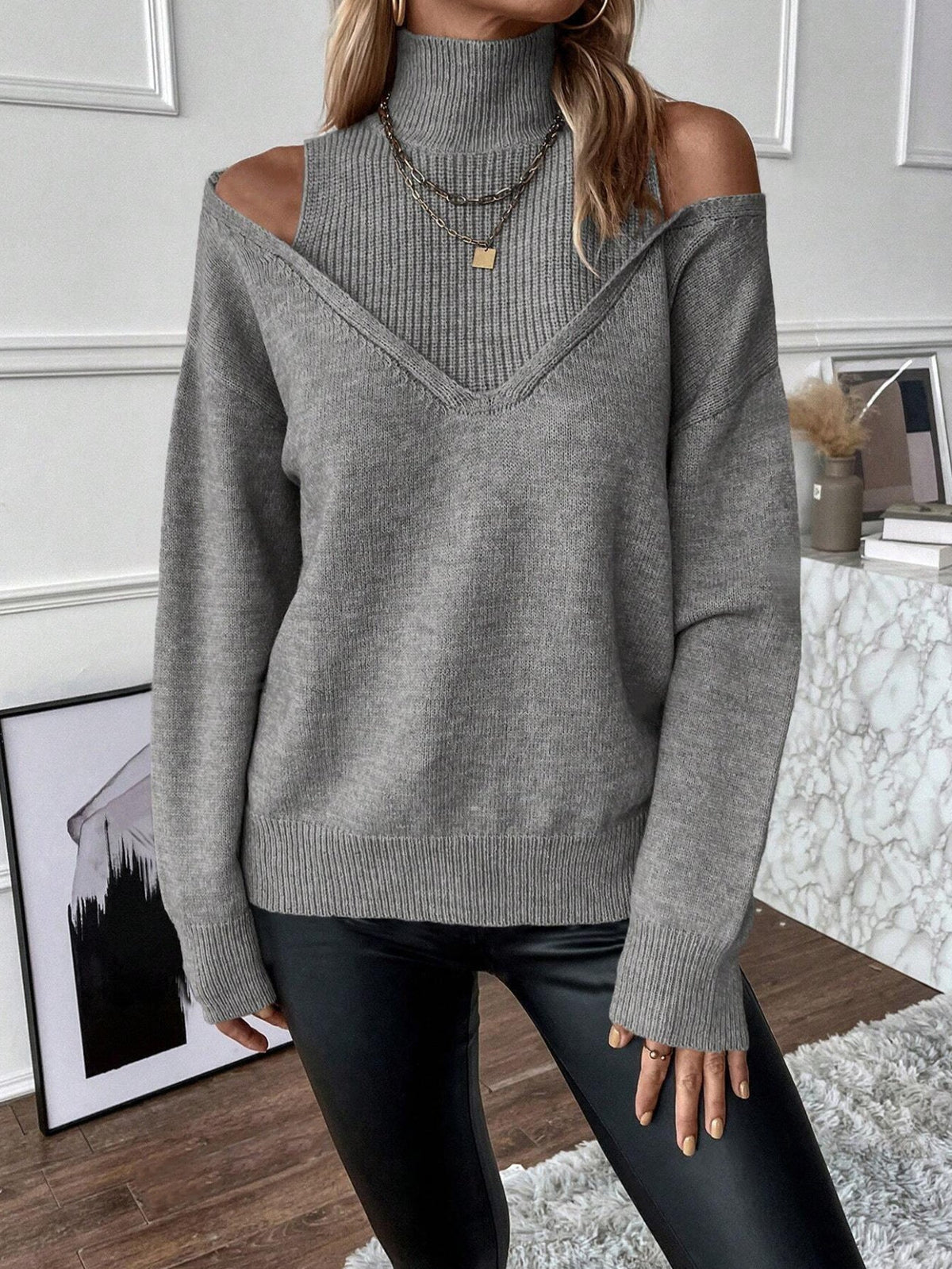 Women's Layered Roll-Neck Jumper with Cold-Shoulder Cutouts – Grey
