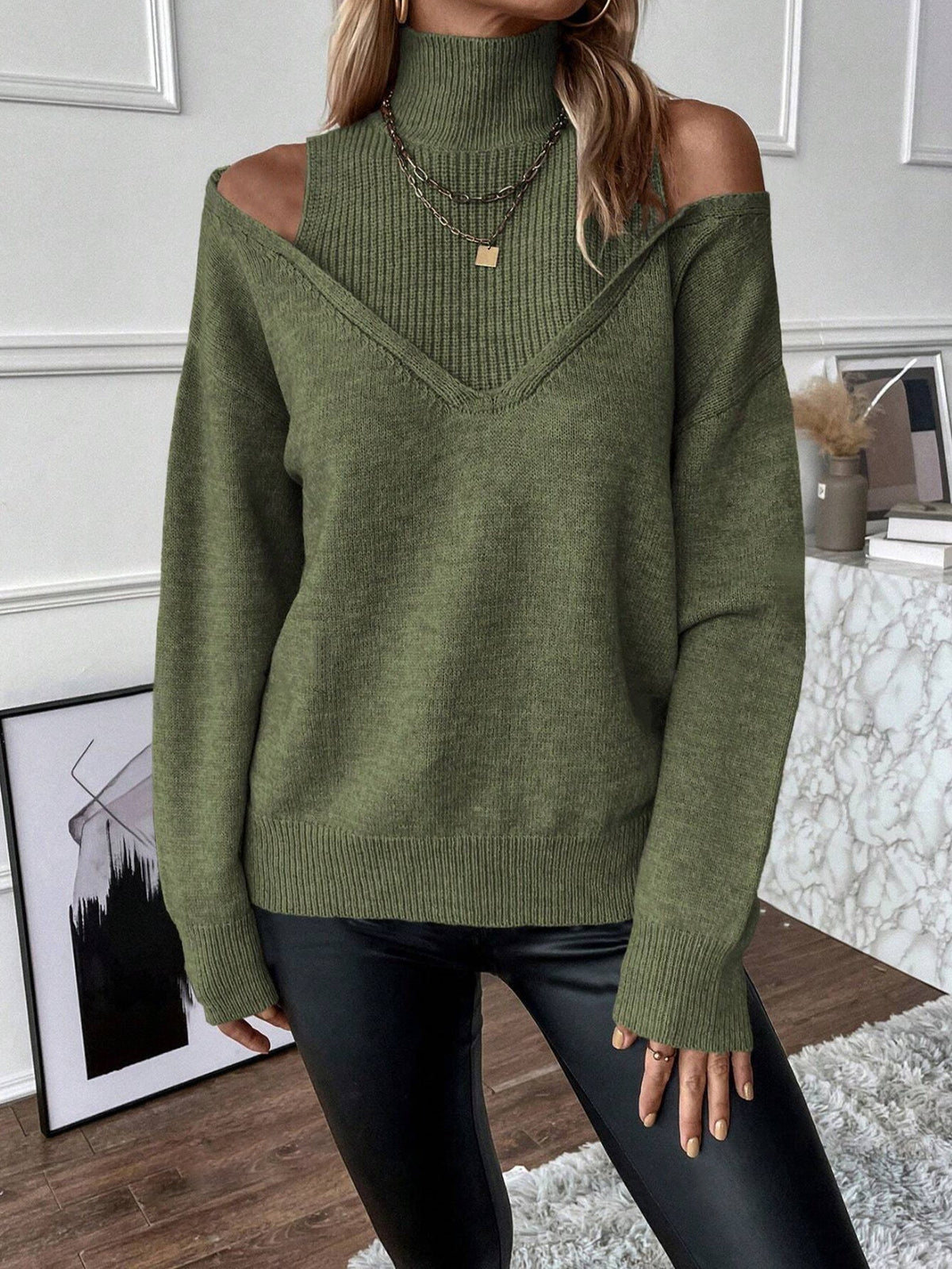 Women's Layered Roll-Neck Jumper with Cold-Shoulder Cutouts – Olive Green