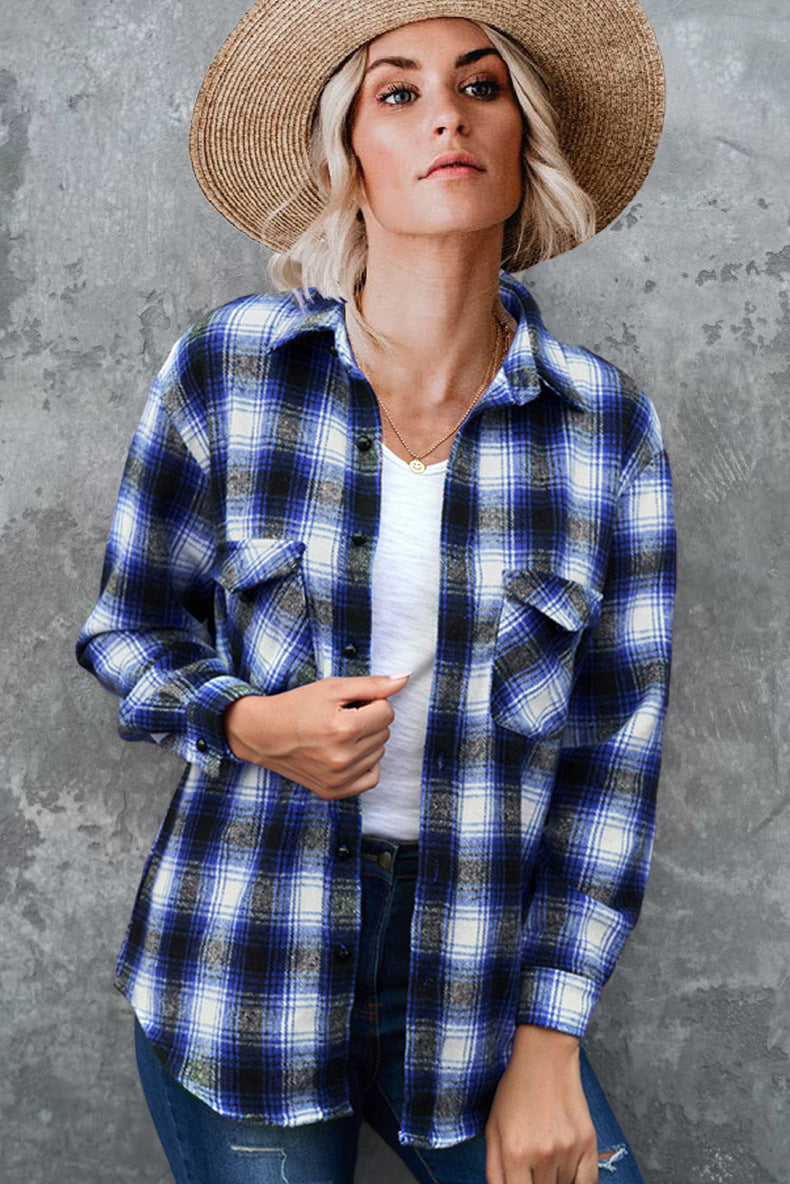 Women's Soft Flannel Check Shacket Chest Pockets Relaxed – Blue