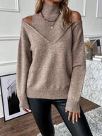 Women's Layered Roll-Neck Jumper with Cold-Shoulder Cutouts – Khaki