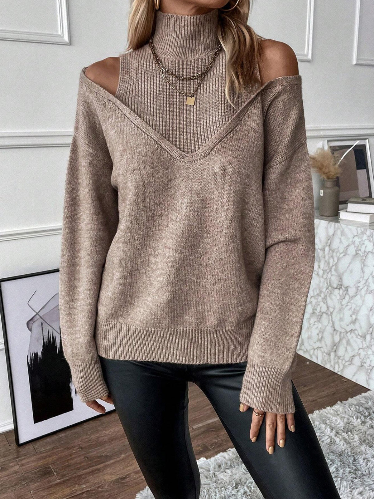 Women's Layered Roll-Neck Jumper with Cold-Shoulder Cutouts – Khaki