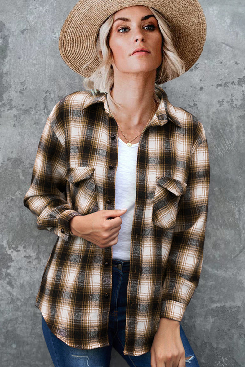 Women's Soft Flannel Check Shacket Chest Pockets Relaxed – Brown