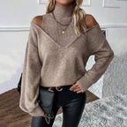 Women's Layered Roll-Neck Jumper with Cold-Shoulder Cutouts