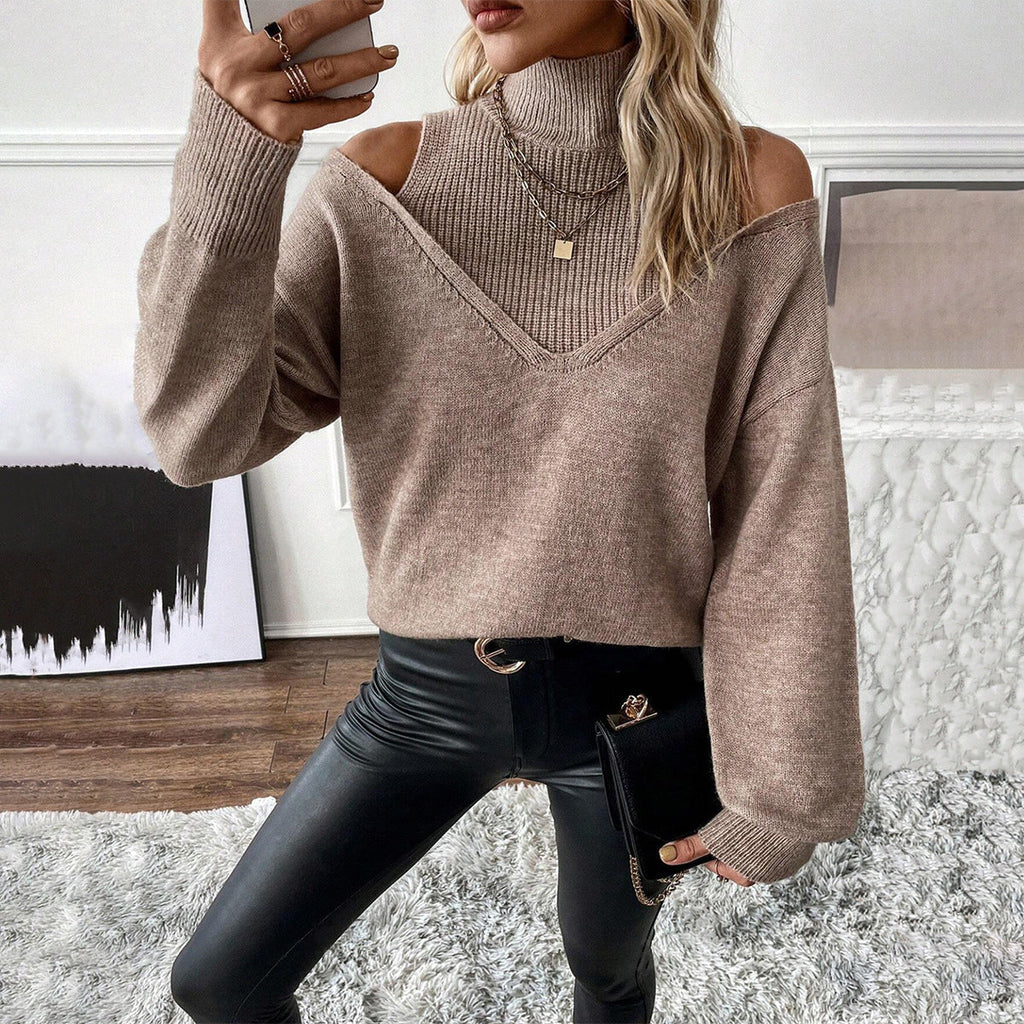 Women's Layered Roll-Neck Jumper with Cold-Shoulder Cutouts