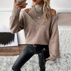 Women's Layered Roll-Neck Jumper with Cold-Shoulder Cutouts