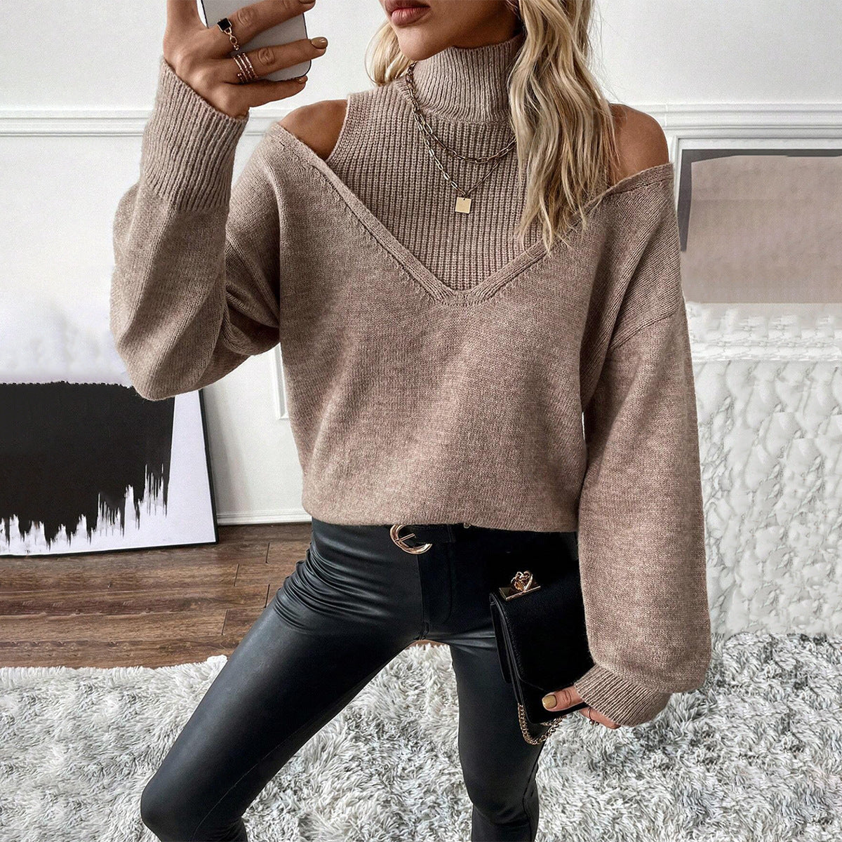 Women's Layered Roll-Neck Jumper with Cold-Shoulder Cutouts