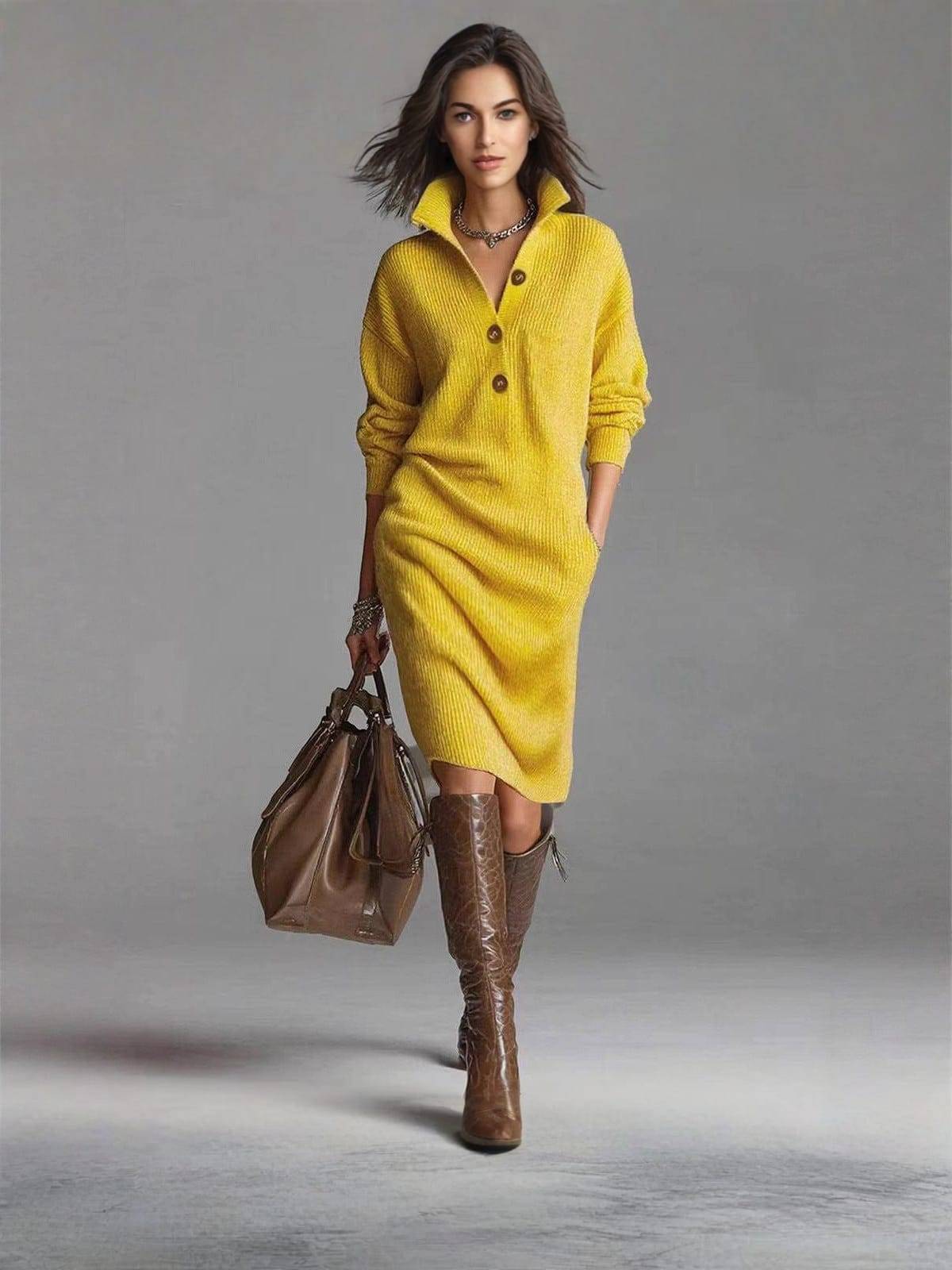 Women's Button Stand Collar Knit Dress with Pockets