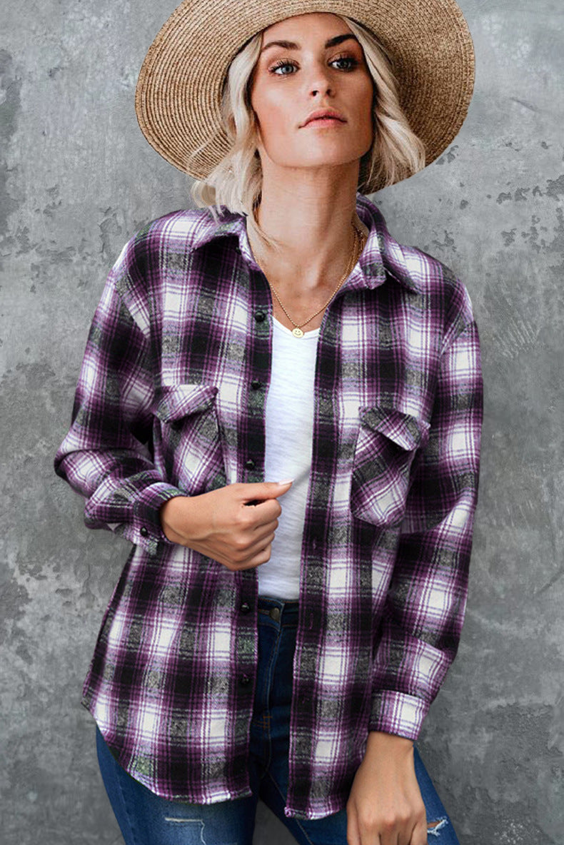 Women's Soft Flannel Check Shacket Chest Pockets Relaxed – Purple