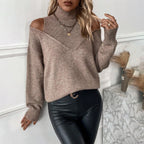 Women's Layered Roll-Neck Jumper with Cold-Shoulder Cutouts