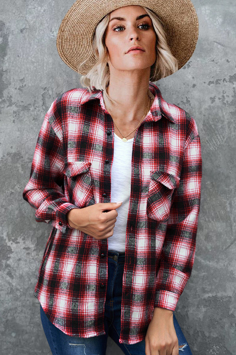 Women's Soft Flannel Check Shacket Chest Pockets Relaxed – Red