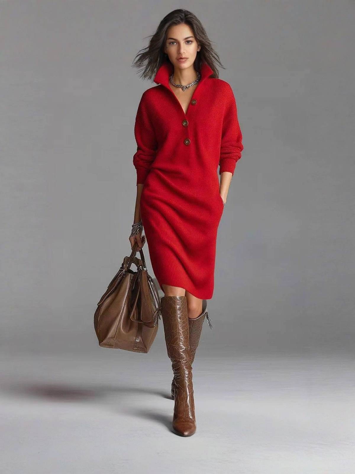 Women's Button Stand Collar Knit Dress with Pockets