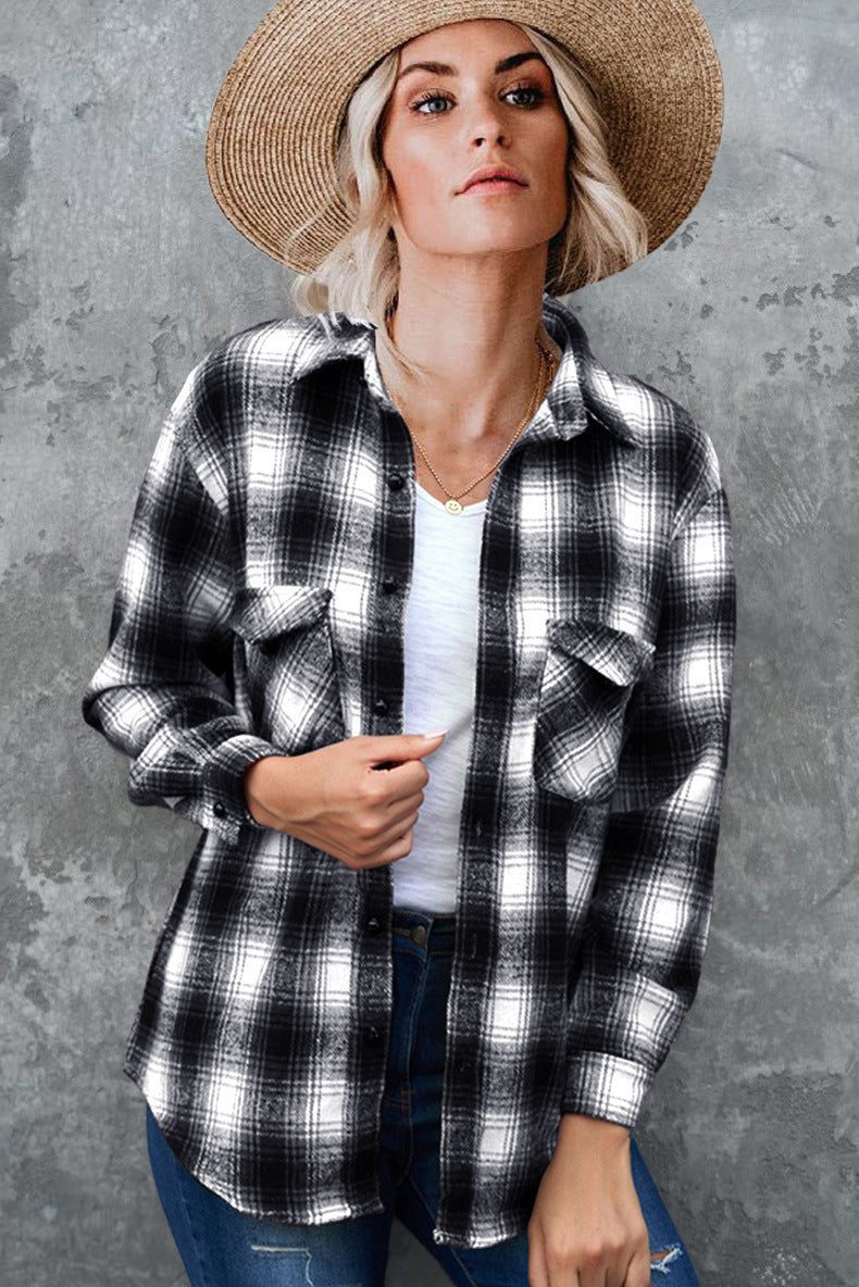 Women's Soft Flannel Check Shacket Chest Pockets Relaxed – Black