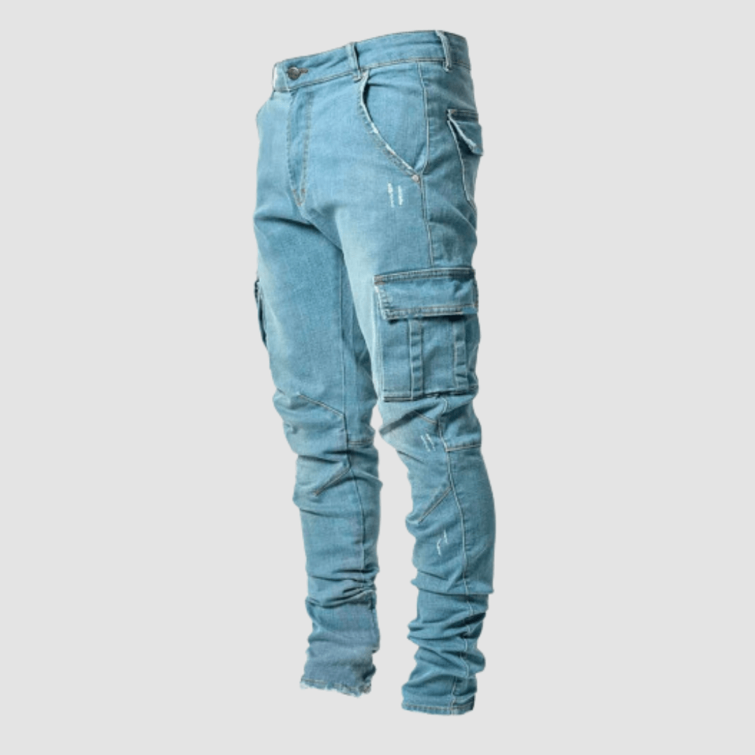 Men's Tapered Cargo Denim Jeans with Flap Pockets – Blue