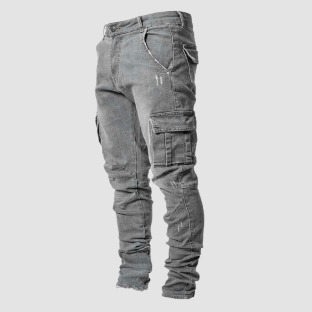 Men's Tapered Cargo Denim Jeans with Flap Pockets – Grey